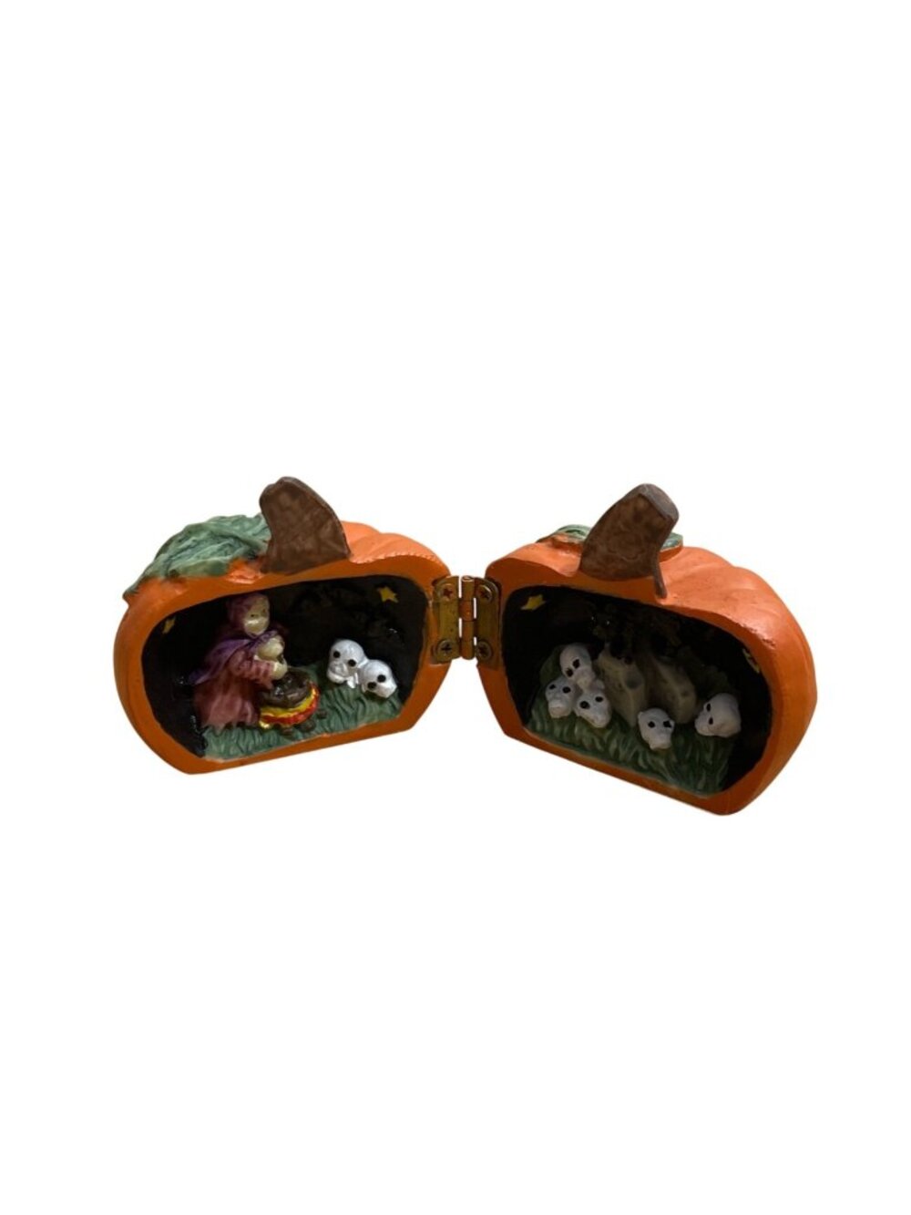 Vintage Halloween Pumpkin Diorama w Witch Graveyard Black Cat Scene Hand-Painted